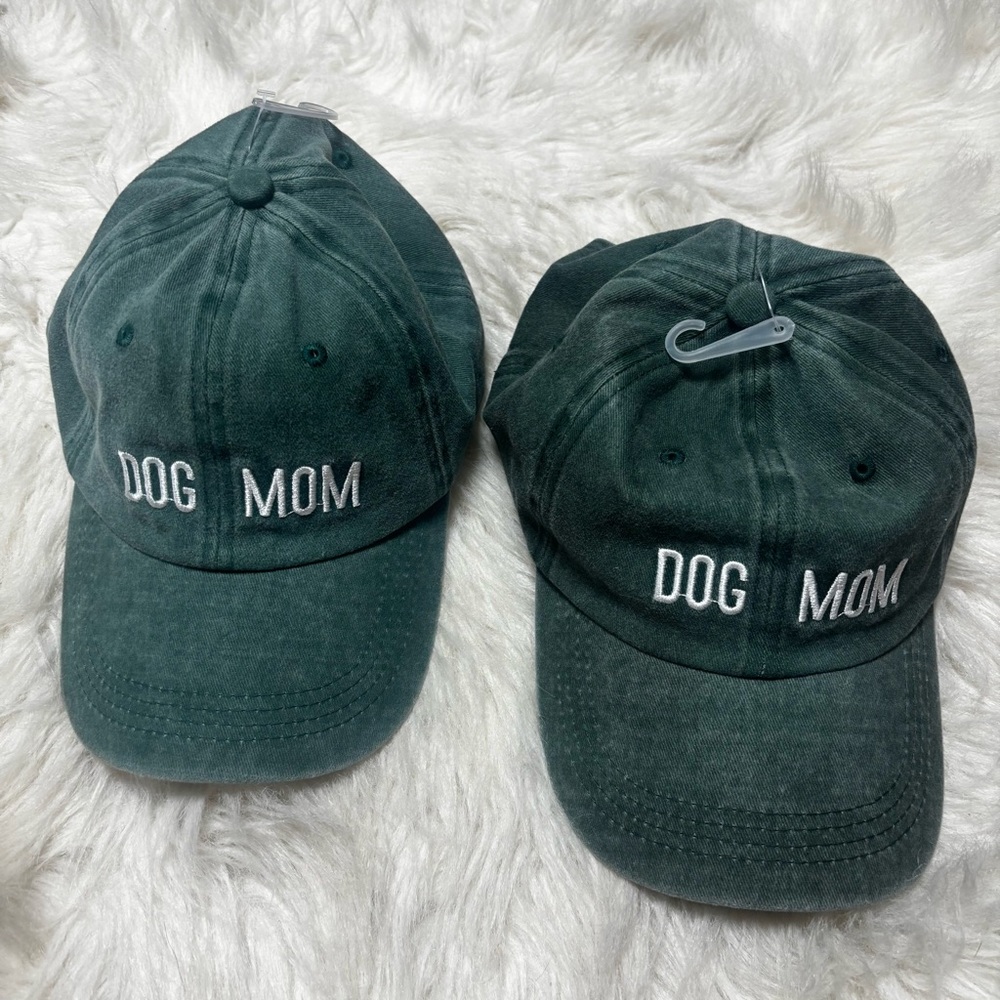 NEW 2 “Dog Mom” Embroidered Green Baseball Caps